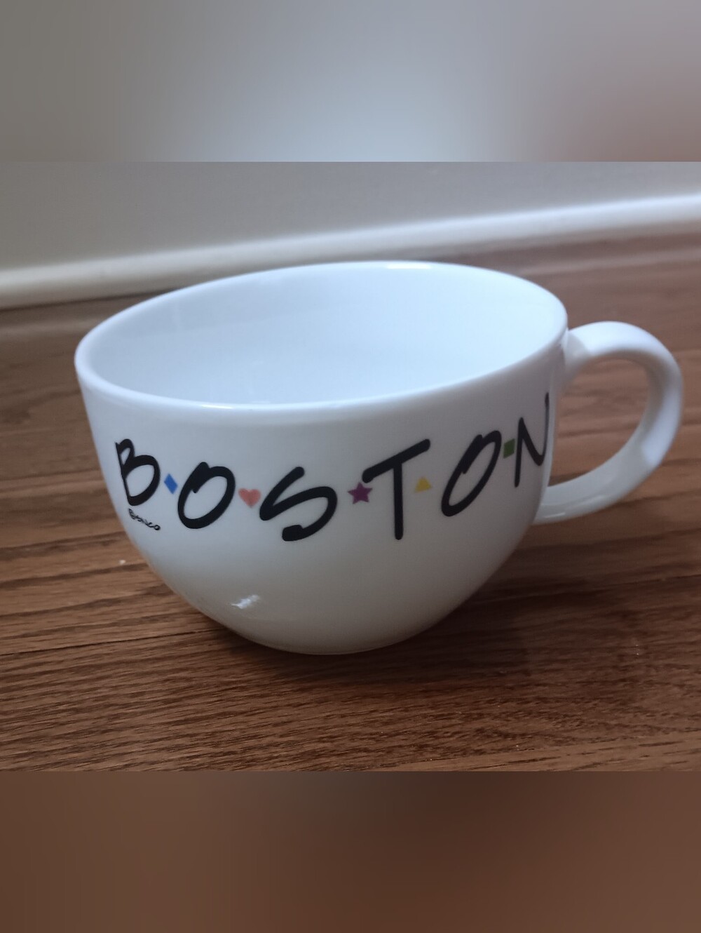 Vintage SNCO Boston Wide Mouth Ceramic Coffee Soup Mug Friends Font Style White
